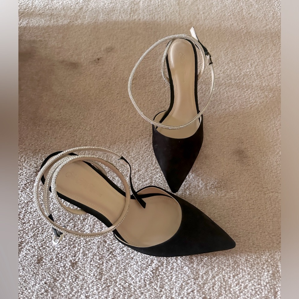 Saks Fifth Avenue, Black, suede and rhinestone wrap stiletto 8.5